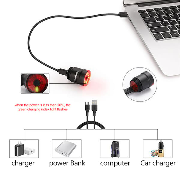 Smart cykel LED-baklykta, USB-uppladdningsbar, med induktiv broms, IPX6 säkerhetsklassning.