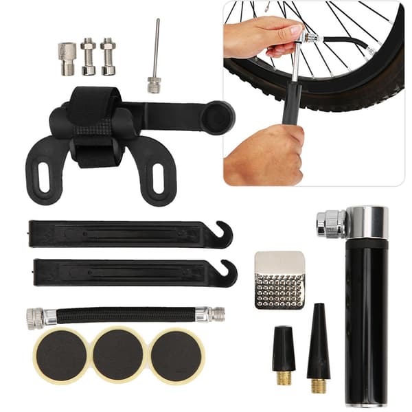 Cykelreparationssæt med minipumpe til landevejs- og mountainbikes - Sort