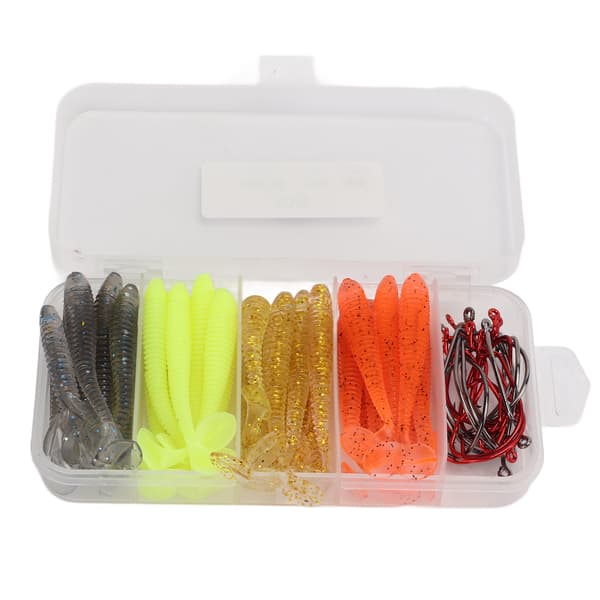 Sæt med 60 bløde agn med kroge i rustfrit stål, T-hale, PVC, til basfiskeri, 6 cm