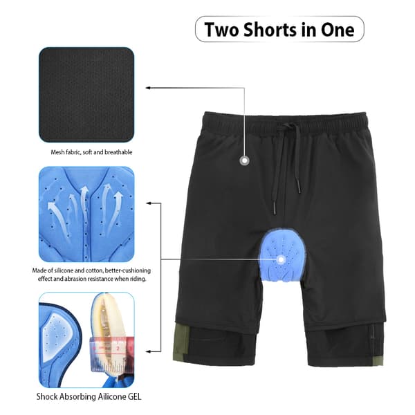 3D sykkelshorts for menn med skumpolstring, pustende, løs passform, MTB, løping, utendørs.