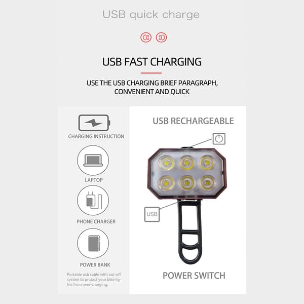 Oppladbart USB-sykkellyktsett, LED foran og bak, vanntett, 4 moduser, sikkerhet
