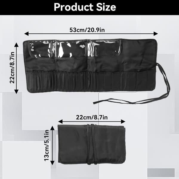 Bærbar makeup-penseltaske til rejser, sammenrulleligt etui til pensler, sort, velegnet til opbevaring af kosmetik