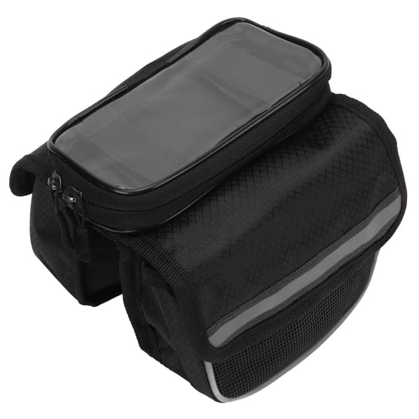 Sort cykelrammetaske, 600D nylon TPU følsom, reflekterende strimler, dobbelt lynlås