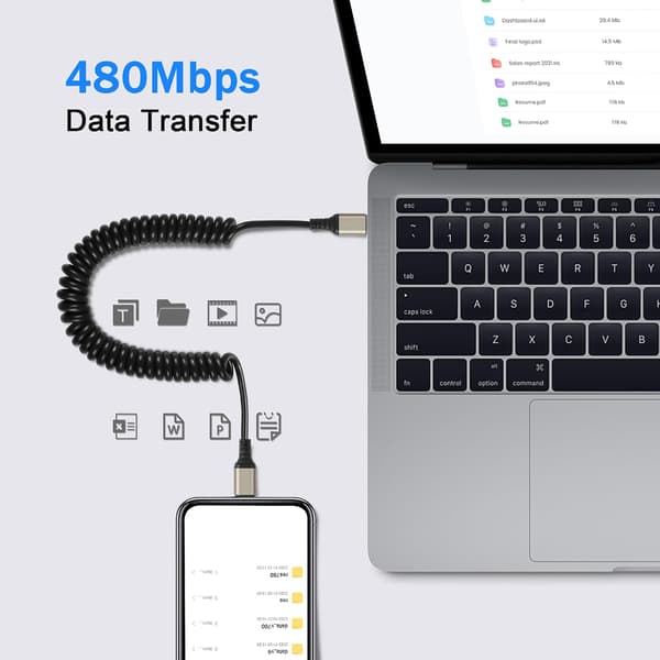 Spiral USB-C til USB-C kabel, 6A hurtigopladning og datasynkronisering, kompatibelt med iPhone 15, Note 20, 10, 9, 1,5 m