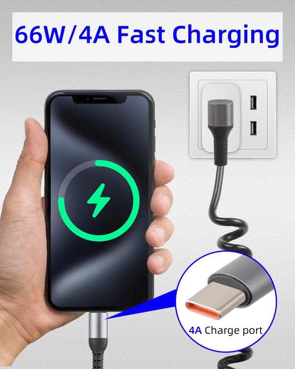 3-i-1 Spiral USB-C-kabel, 66W, 90-graders USB-C til Type-C bærbart bil-multikabel til hurtigopladning, kompatibelt med MacBook