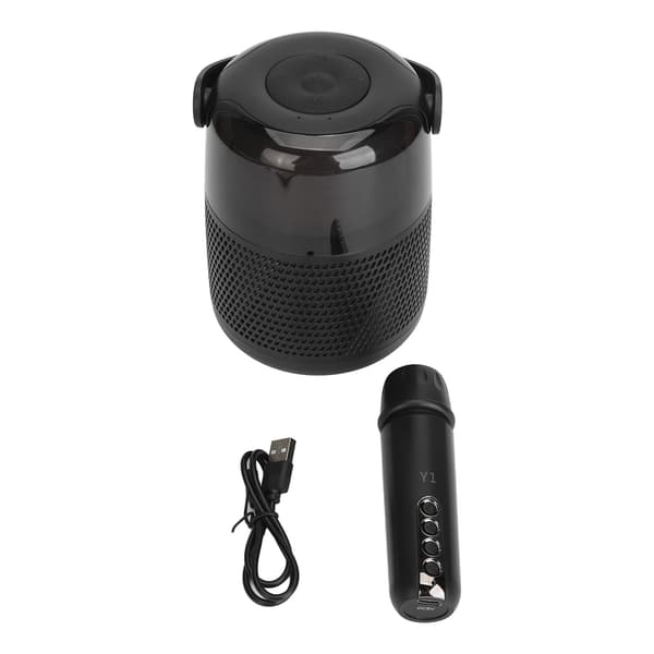 Mini Bluetooth 5.0 Karaokemaskin med Trådlös Mikrofon, LED-lampor, 3D Surroundljud, Svart
