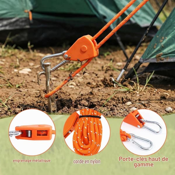 Set med 8 st linspännare med broms, 4 m x 4 mm, reflekterande orange | slitstark nylon, snabb självåsande justering