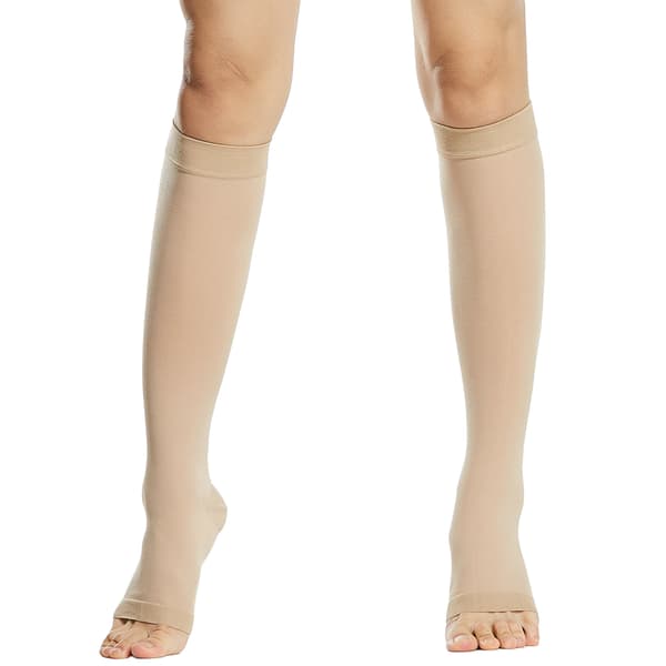 20-30mmHg åbne tåstrømper til åreknuder og hævelser, unisex, forstærket hæl, beige/sort