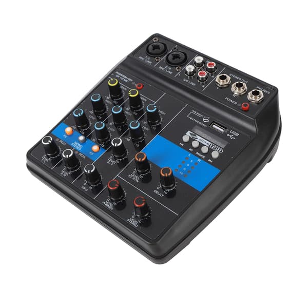 Profesjonell 4-kanals stereo USB-lydmikser for sceneutstyr, 100-240V, USB-plugg