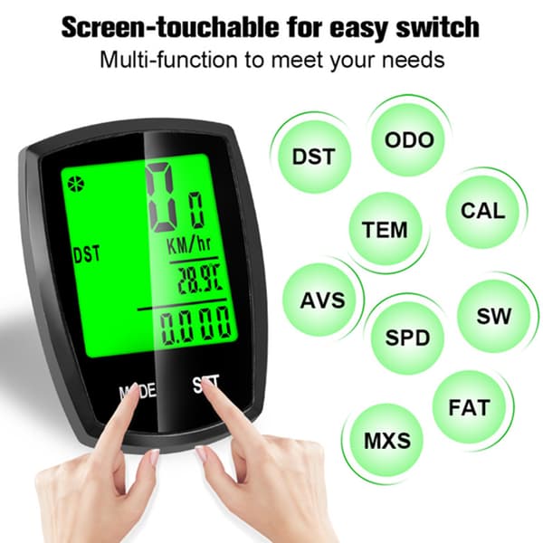Cykelcomputer med belyst touchskærm, kablet speedometer, cykeltilbehør, sort PVC