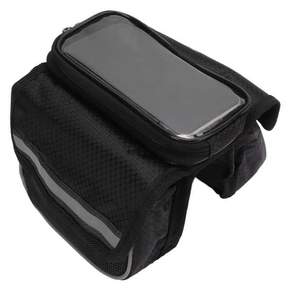 Sort cykelrammetaske, 600D nylon TPU følsom, reflekterende strimler, dobbelt lynlås