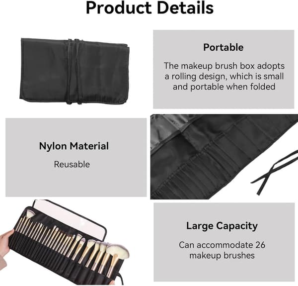 Bærbar makeup-penseltaske til rejser, sammenrulleligt etui til pensler, sort, velegnet til opbevaring af kosmetik