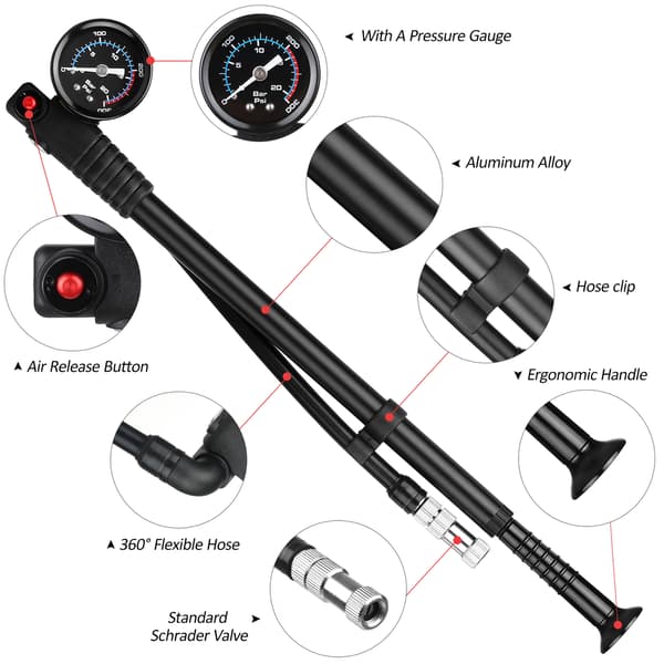 Högtrycks 300 PSI cykelluftpump med mätare, Presta-ventil, Schrader, fram- och bakgafflar