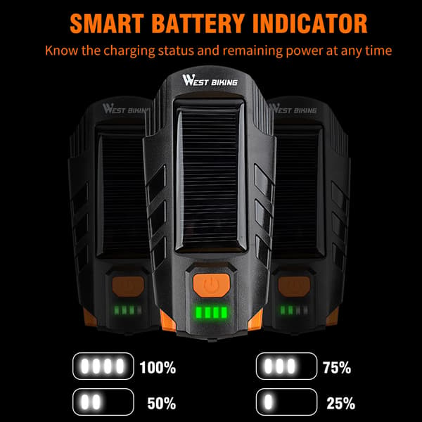 WEST BIKING Solar USB Genopladelig LED Cykellygte med Horn 120db IPX4 2000mAh