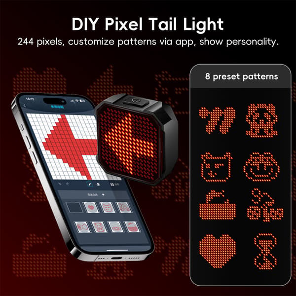 Smart oppladbart LED-sykkelbaklys med bremsesensor, IP66-beskyttelse og app-kontroll.