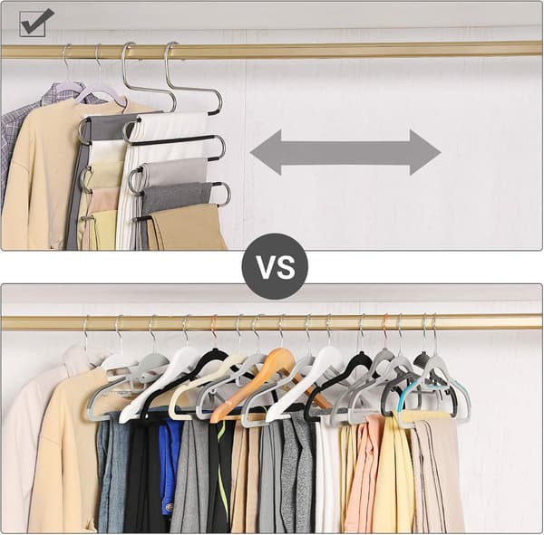 Sæt med 4 buksebøjler i rustfrit stål med flere niveauer, organizer til jeans, bukser, håndklæder, slips, sølv og sort