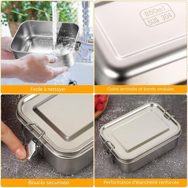 Bento-bokse i rustfrit stål, 850 ml madbeholdere med låg, til voksne, med låseclips og skillevæg