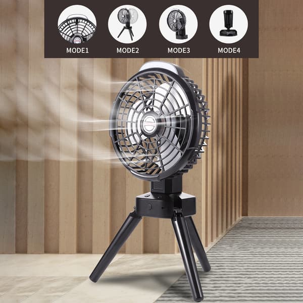 2-i-1 Campingventilator med LED-lys, stativ, genopladelig, 4 hastighedsniveauer til camping og fiskeri