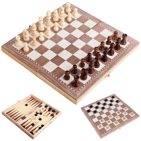 3-i-1 hopfällbart schackset i trä med dam och backgammon - pedagogisk reseleksak