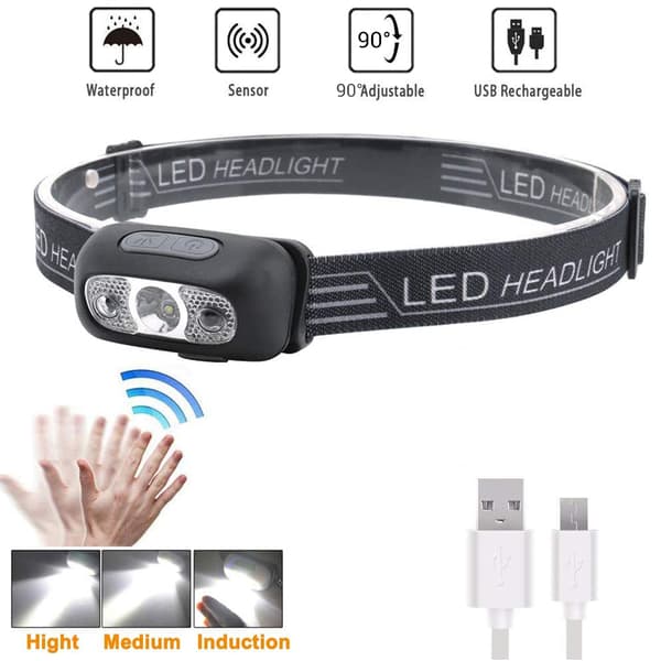 IPX6 LED-pandelygte med sensor, super lys, USB genopladelig til camping, cykling, fiskeri