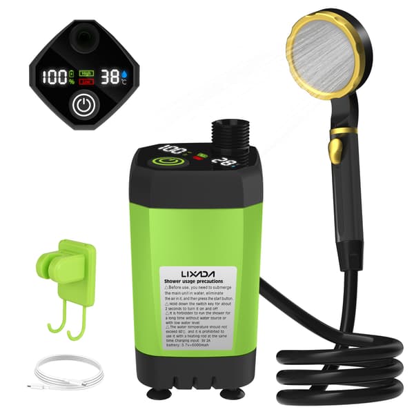 Bärbar duschpump för camping med smart digital display, utomhusduschkit för camping, husbil och trädgård.