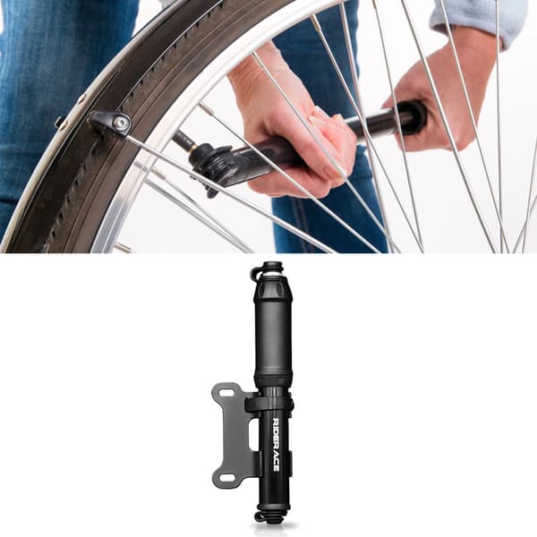 Bærbar cykelpumpe med 3 luftdyser, sort aluminiumslegering, til udendørs brug.