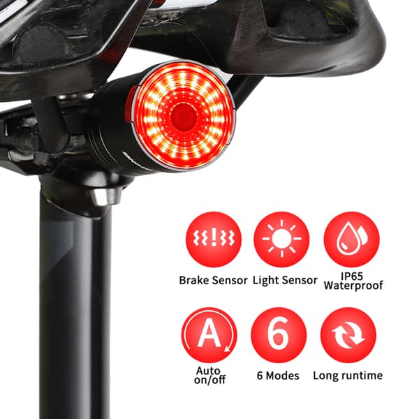 Sykkelbaklys med bremsesensor, IPX6 vanntett, oppladbar LED