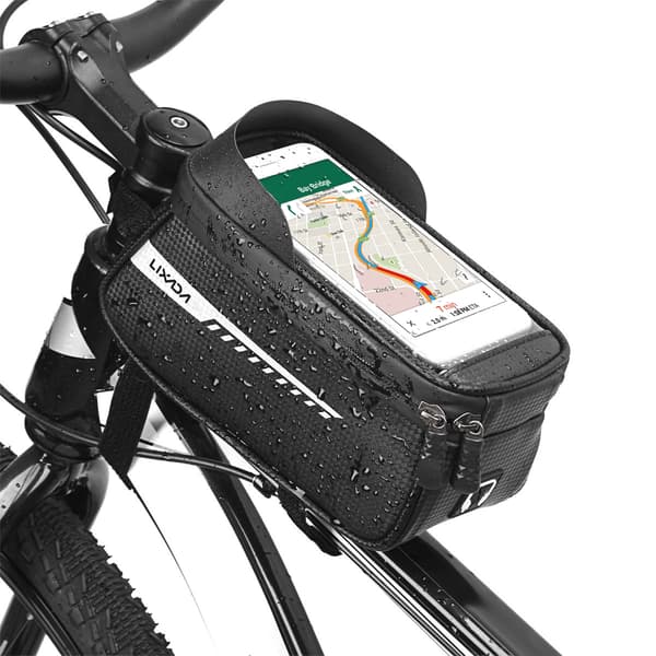 Vandtæt cykeltaske til overrør med touchskærmsholder til telefon og opbevaring