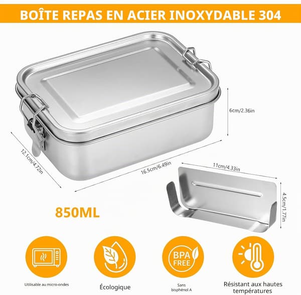 Bento-bokse i rustfrit stål, 850 ml madbeholdere med låg, til voksne, med låseclips og skillevæg