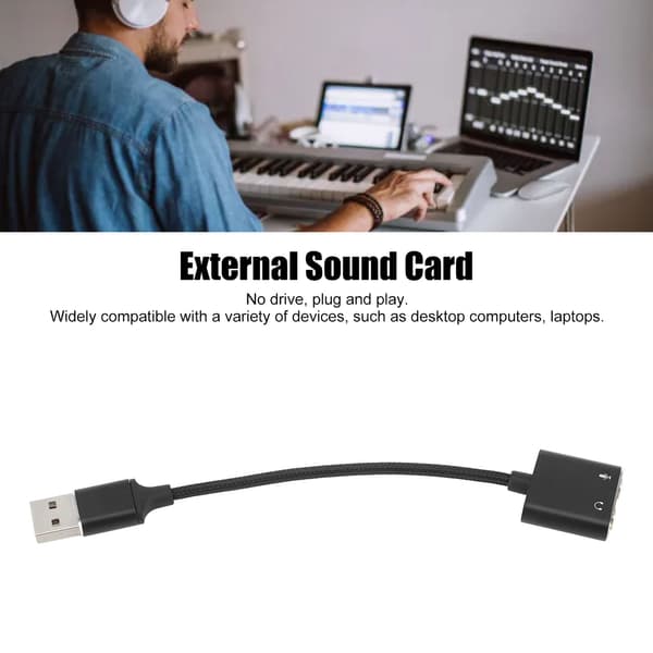USB Plug and Play lydadapter, sort aluminium, USB til 3,5 mm lydkort, stationær bærbar computer