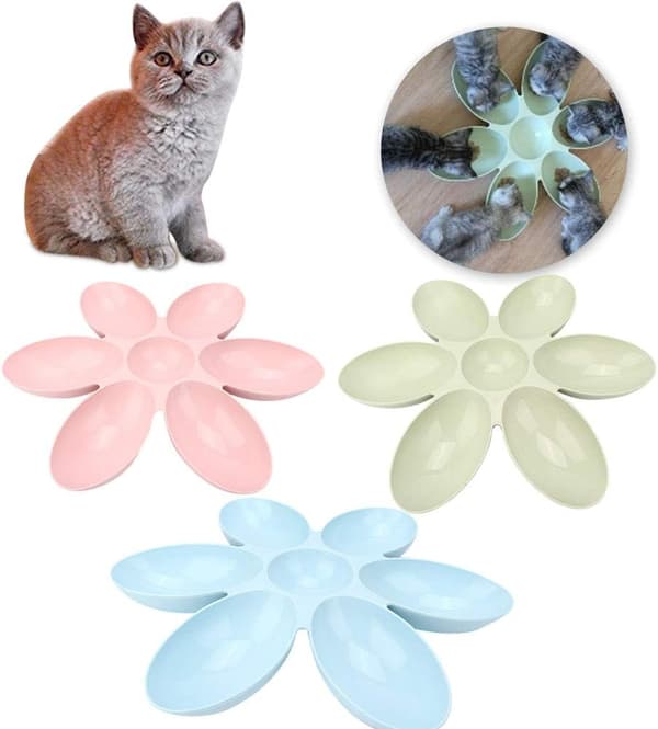 Foder- og vandskåle til kæledyr, blomsterformet foderstation til katte med 6 skåle, fodringsbakke