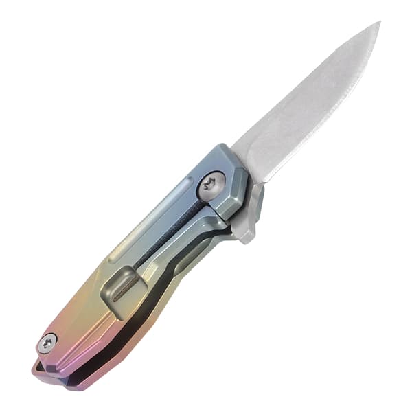 Mini kniv i titaniumlegering med D2-klinge, nøglering og farverig kæde