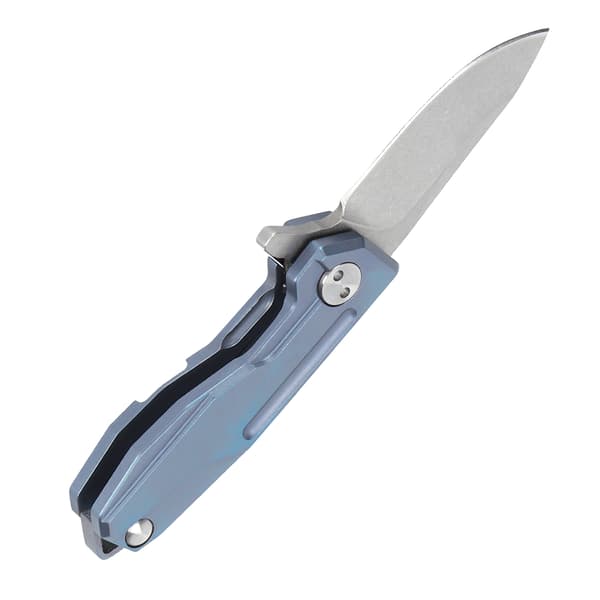 Mini sammenleggbar titankniv med D2-blad, nøkkelring og blått kjede