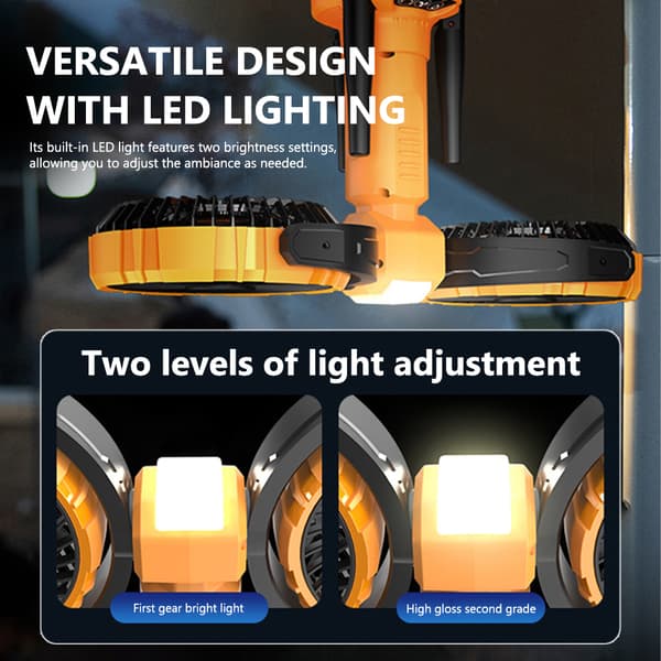 Retkeilytuuletin LED-valolla, kaksoisjännite, 4 nopeutta, virtapankki, oranssi
