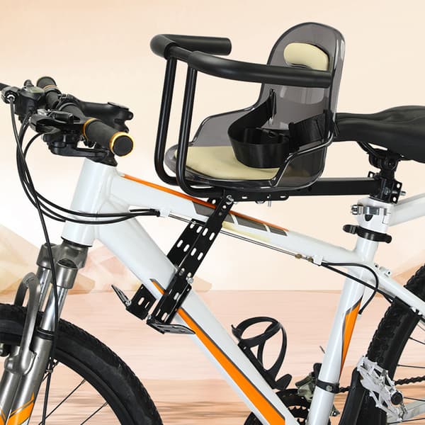 Frontmonterad barncykelsits med skyddsräcke och säkerhetssele för mountainbikes.