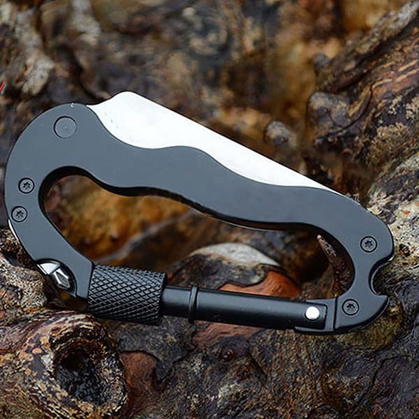 Sort 5-i-1 Multifunktionel Karabinhage med Kniv og Nøglering i Rustfrit Stål til Klatring og Camping