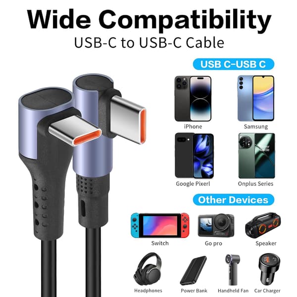 1M 90-graders USB-C til USB-C kabel, oprullet til bilbrug, understøtter 6A hurtigopladning og dataoverførsel