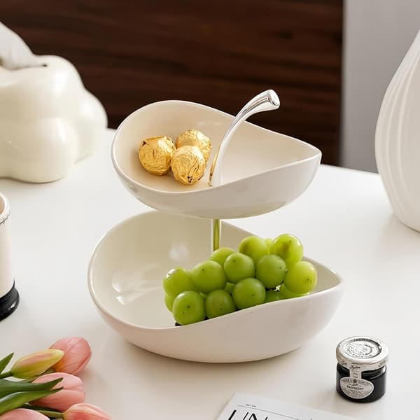 Fruktfat i två våningar, keramisk fruktskål med metallställ, serveringsfat, gräddvit, två våningar, vit
