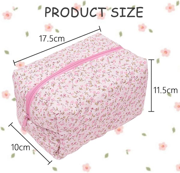 Quiltet makeup-taske med stor kapacitet, blomstret bomuldstaske til kvinder og piger, blå, pink