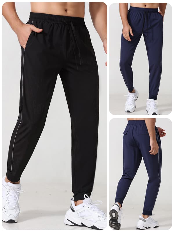 Joggebukse for menn med refleksstriper, lommer og elastisk linning for løping og trening
