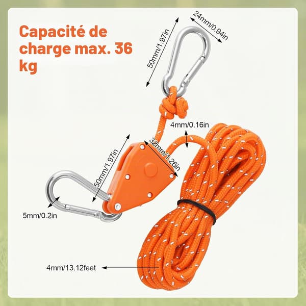 Set med 8 st linspännare med broms, 4 m x 4 mm, reflekterande orange | slitstark nylon, snabb självåsande justering