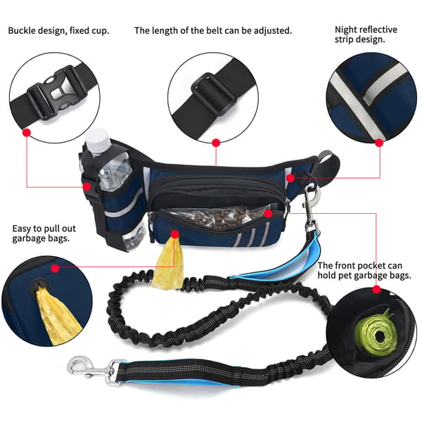 Hundmidjeväska med infällbart koppel, bajspåsar och reflexband för promenader och löpning
