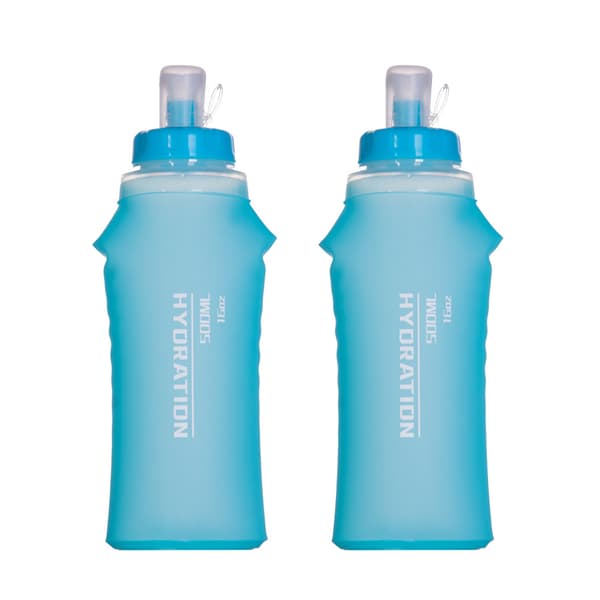 2-pack mjuka TPU hopfällbara vattenflaskor 500 ml för löpning, vandring, cykling, maraton