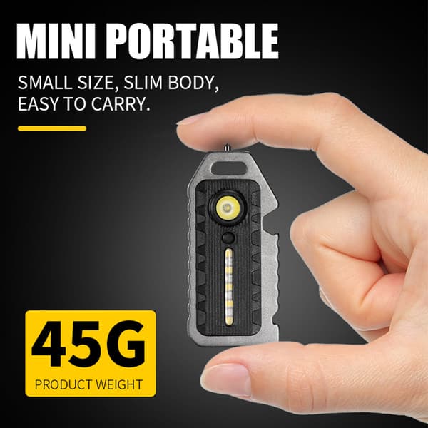 Genopladelig Multifunktionel Mini LED Lommelygte Nøglering: Fløjte, Rudeknuser, Flaskeåbner, Advarselslys, Vandafvisende