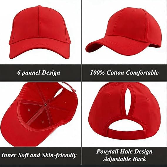 Hestehale Baseball Cap, Åndbar Bomuld, Justerbar, Letvægt, Solbeskyttelse, Rød