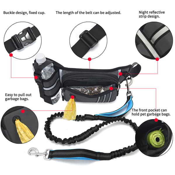 Handsfree hundmidjeväska med infällbart koppel och reflekterande bajspåsedispenser
