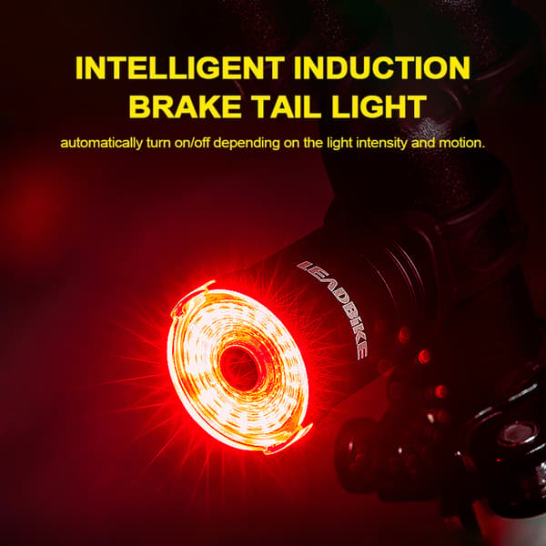 Smart cykel LED-baklykta, USB-uppladdningsbar, med induktiv broms, IPX6 säkerhetsklassning.