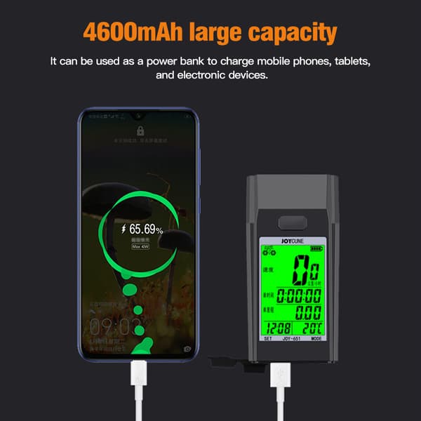 Trådløs sykkelcomputer med speedometer, front-LED-lys og vibrasjonsalarm 4600mAh