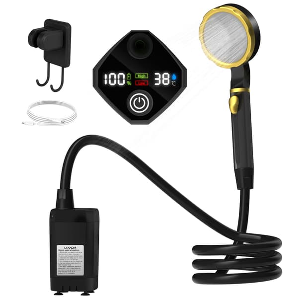 Bärbar duschpump för camping med smart digital display, utomhusduschkit för husbil och trädgård