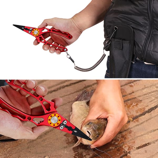 Multifunksjonell fisketang i aluminium med krokfjerner, linsaks og snor